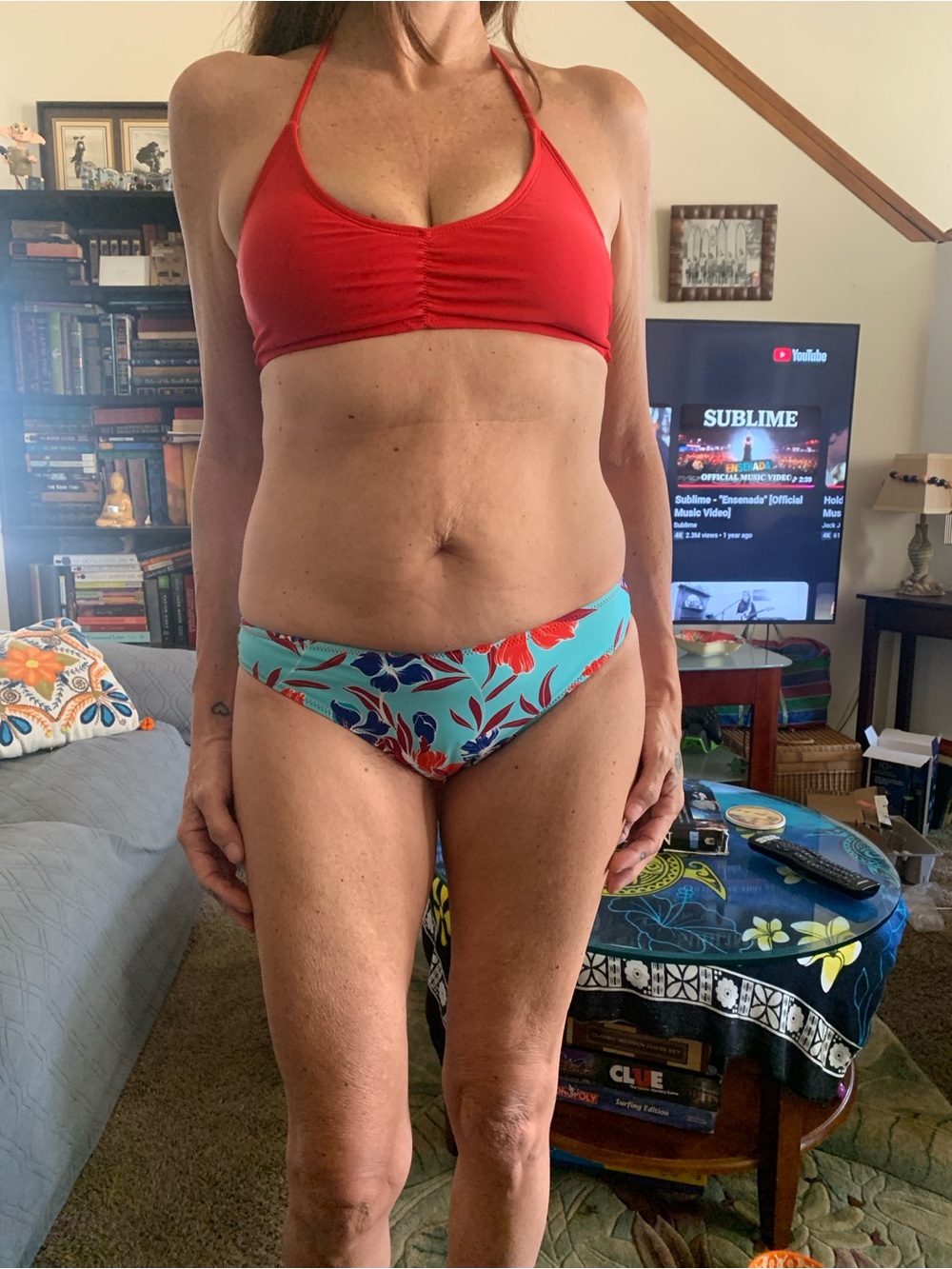Red Halter Bikini Top with Floral Blue Bottoms